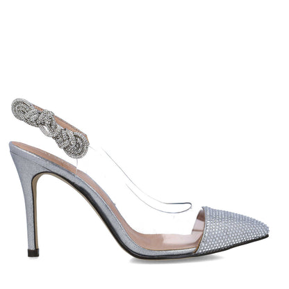 Silver Embellished Vinyl Slingback Pumps