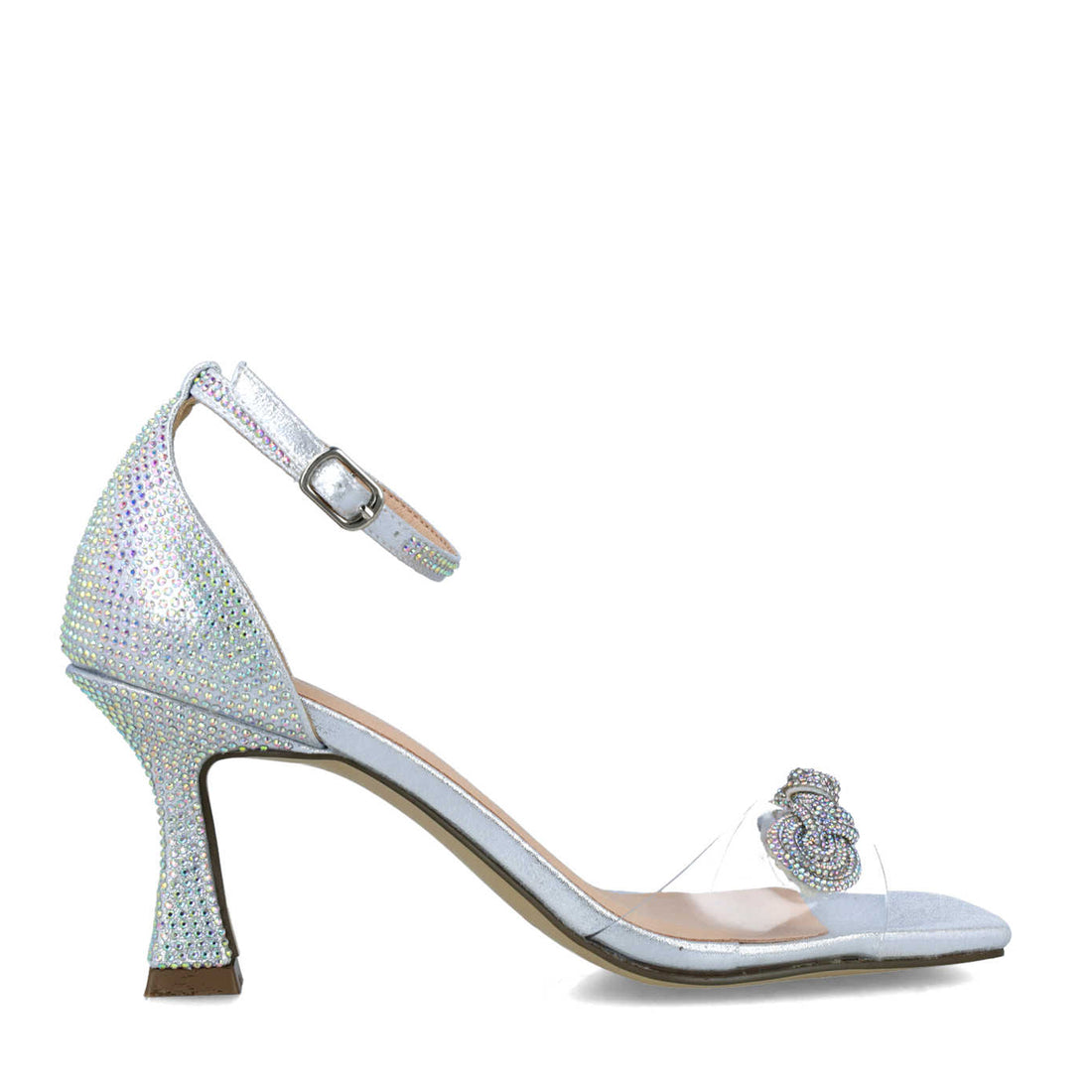 Silver Ankle-Strap High-Heel Sandals With Bow