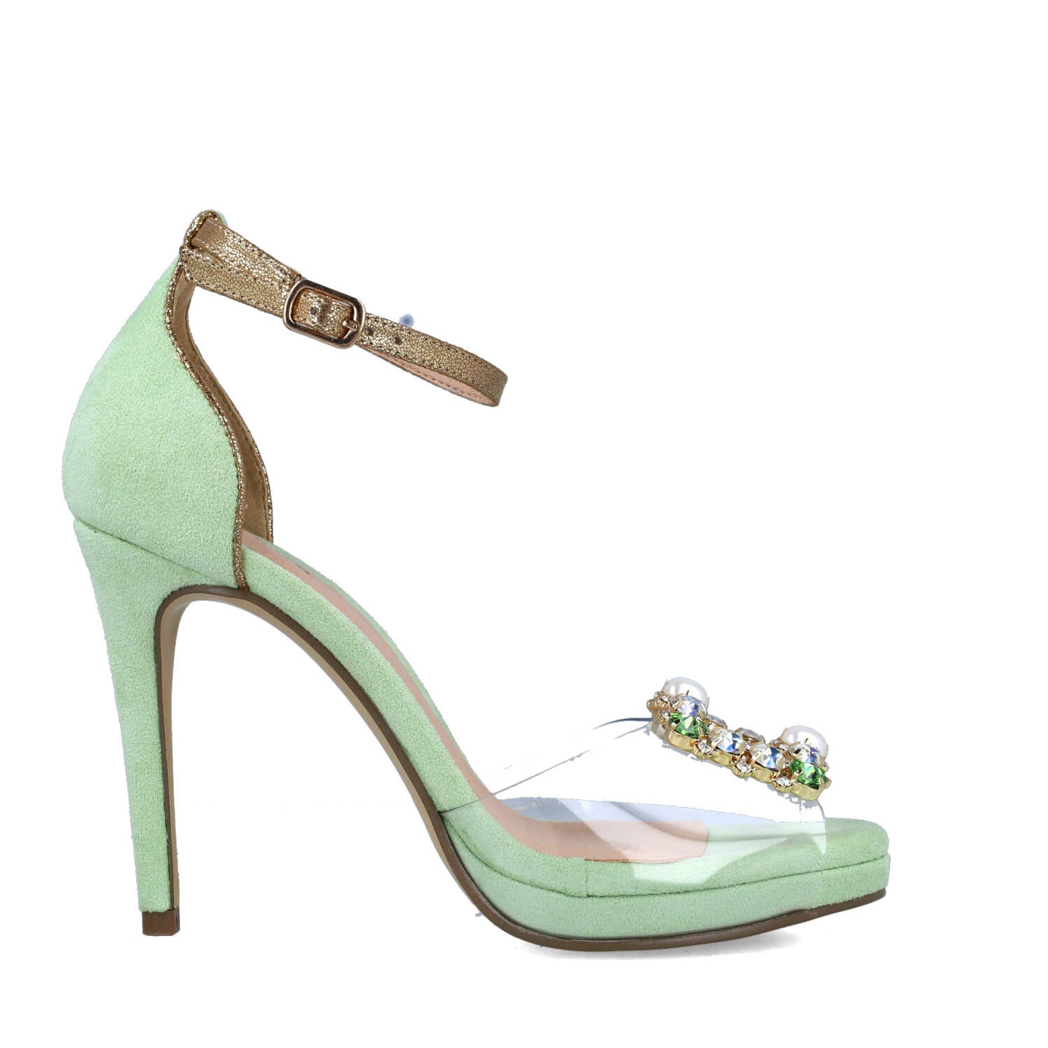 Green Embellished Ankle-Strap High-Heel Sandals