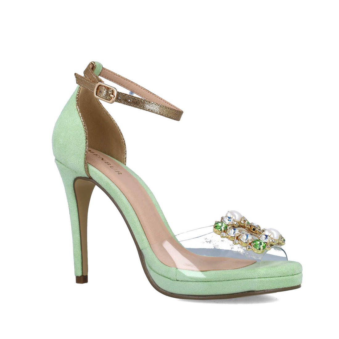 Green Embellished Ankle-Strap High-Heel Sandals