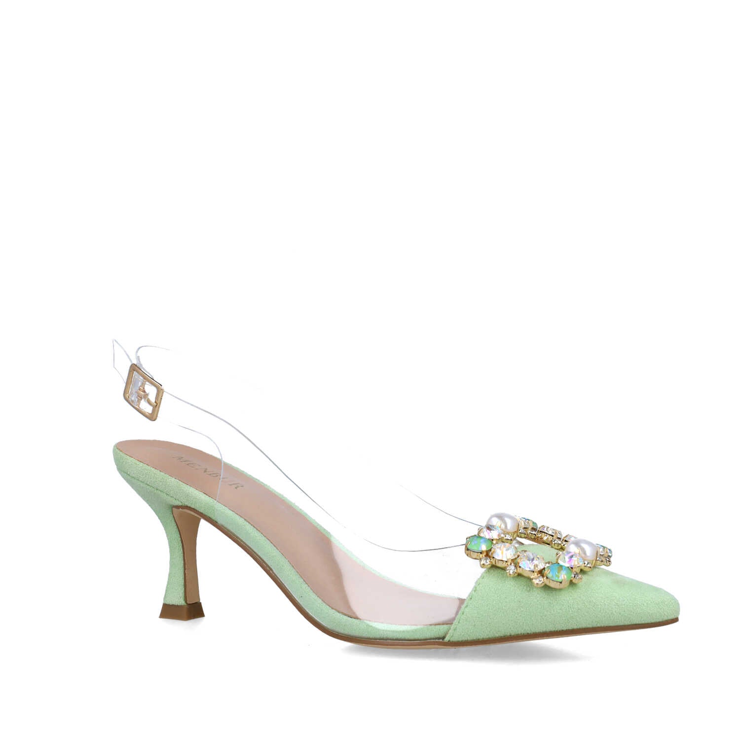 Green Vinyl Embellished Slingback Pumps