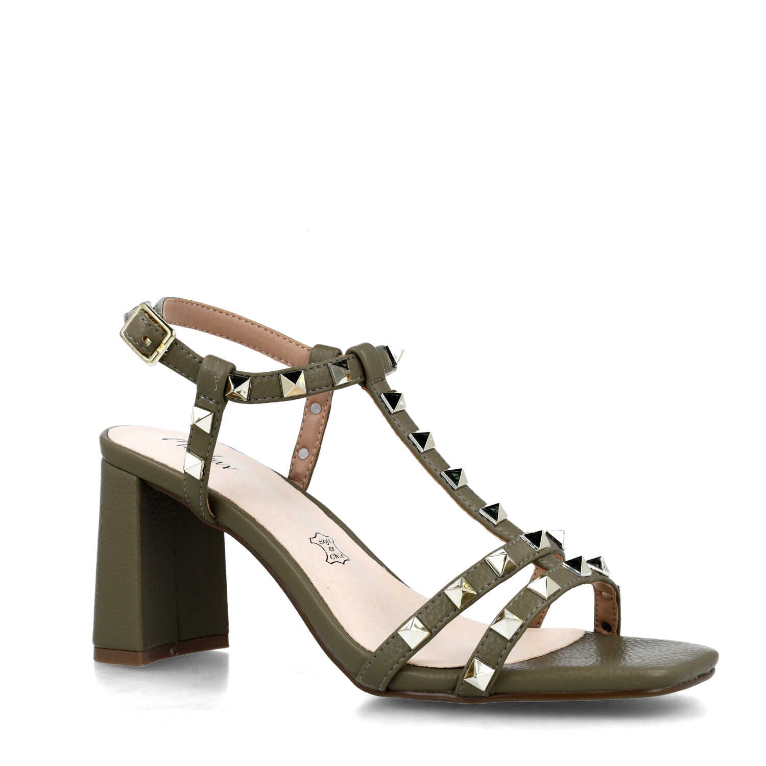 Olive Green Studded T-Strap High-Heel Sandals