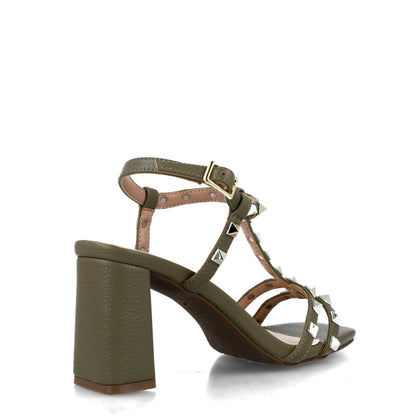 Olive Green Studded T-Strap High-Heel Sandals