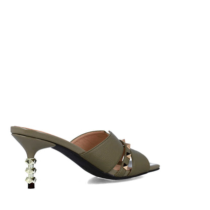 Olive Green Studded Open Toe Mules