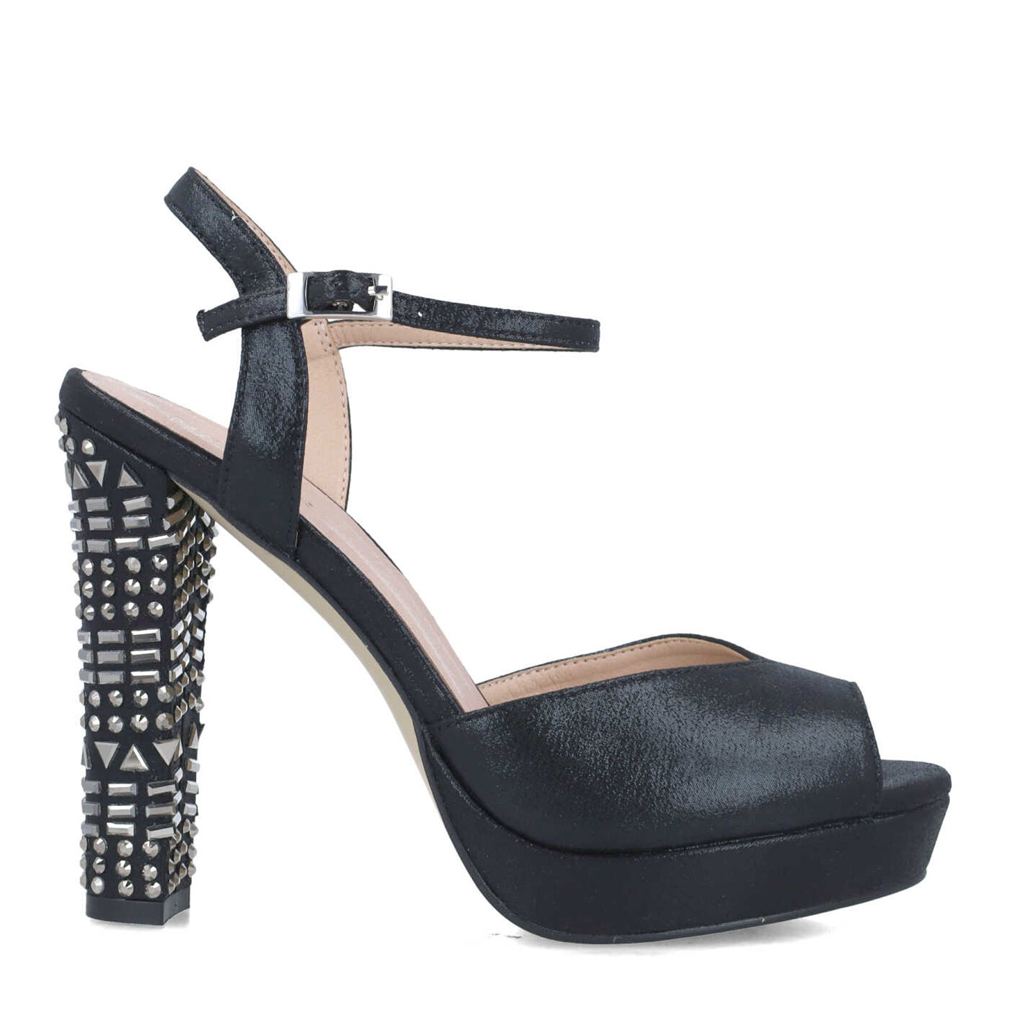 Black Platform Studded Peep Toe High-Heel Sandals With Ankle Strap