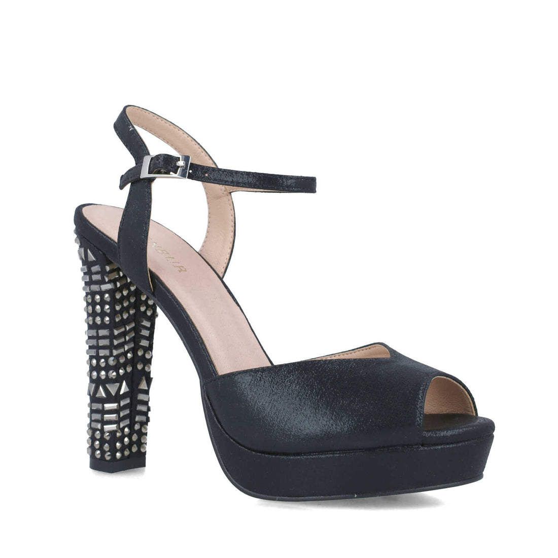 Black Platform Studded Peep Toe High-Heel Sandals With Ankle Strap