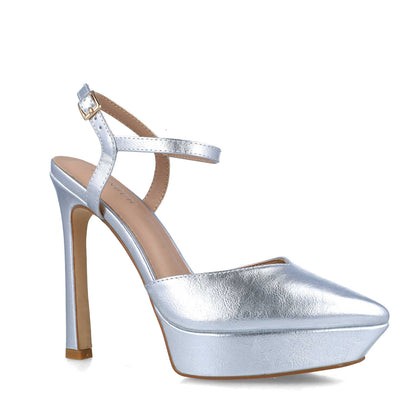 Silver Ankle-Strap Platform Pumps