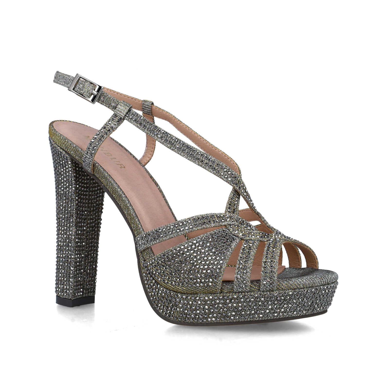 Embellished Grey Slingback High-Heel Sandals