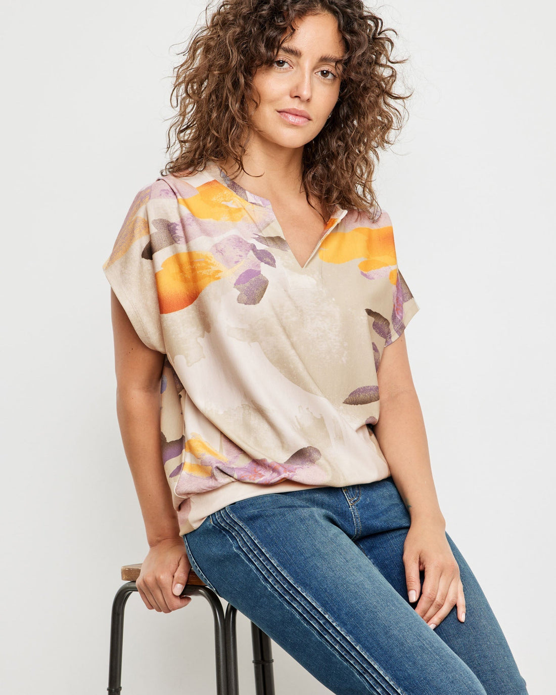 Beige Printed Top With Trims Taifun