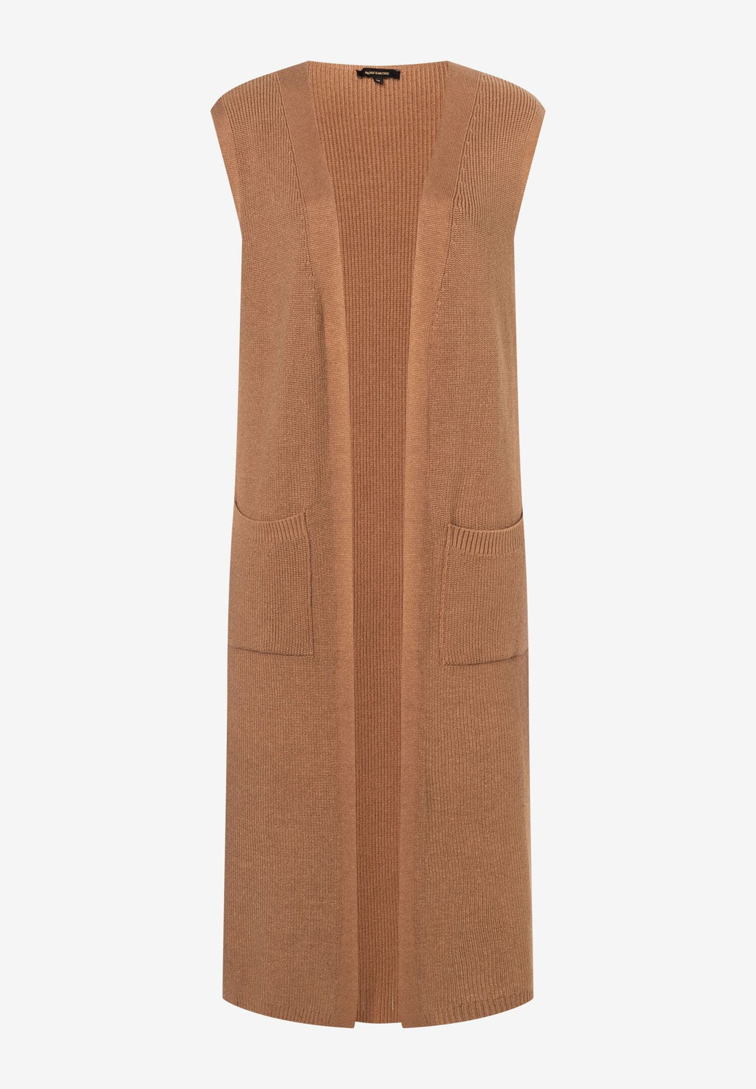Warm Camel Long Knitted Vest With Patch Pockets_31081256_0244_01