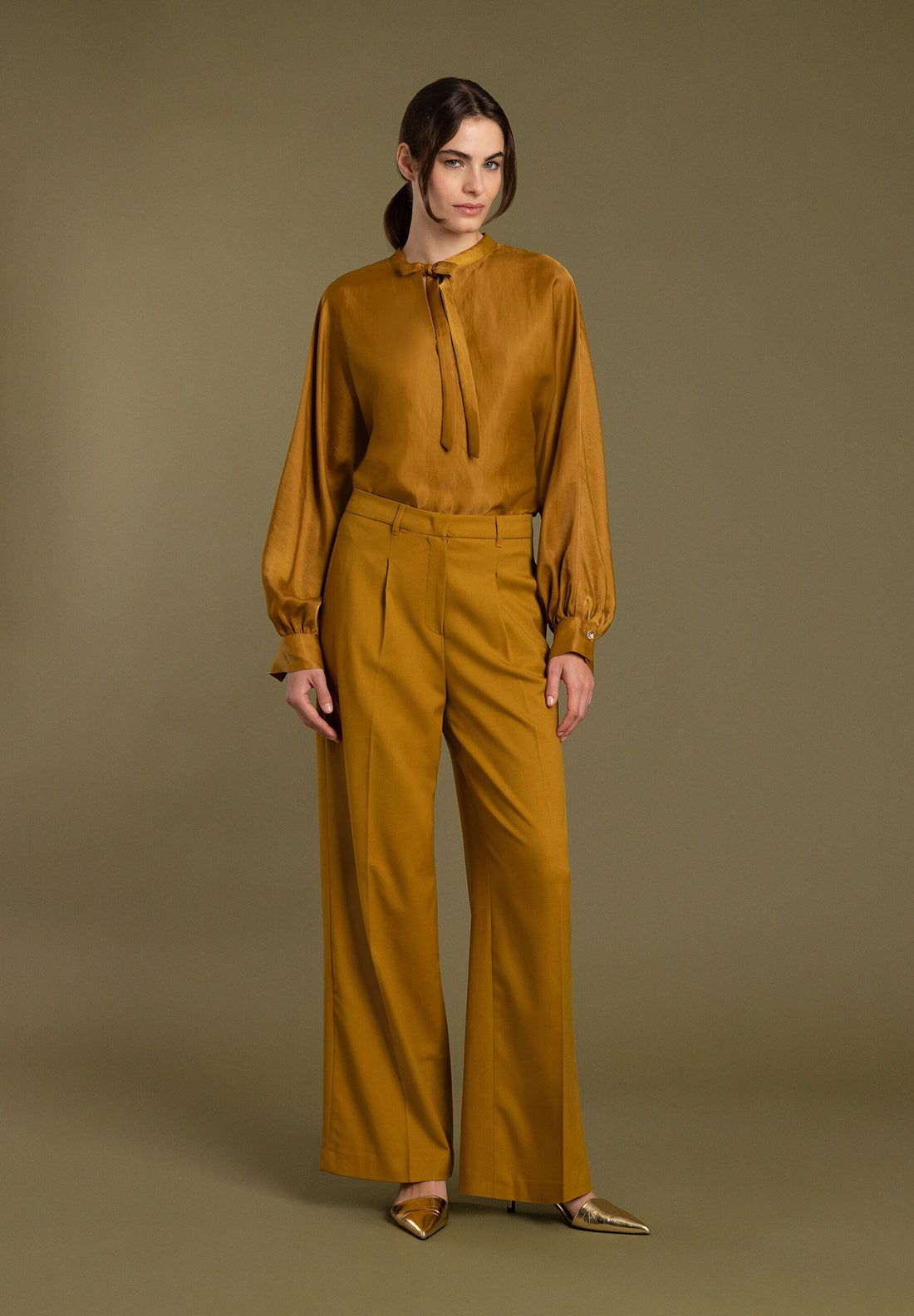 Mustard Yellow Satin Blouse With Bow_31122056_0175_01