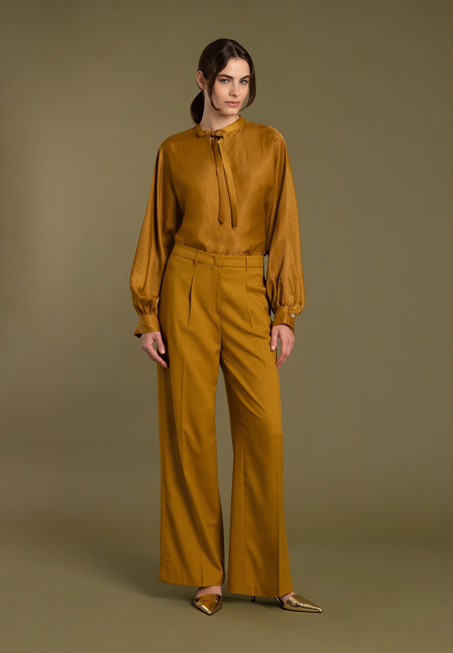 Mustard Yellow Satin Blouse With Bow_31122056_0175_01