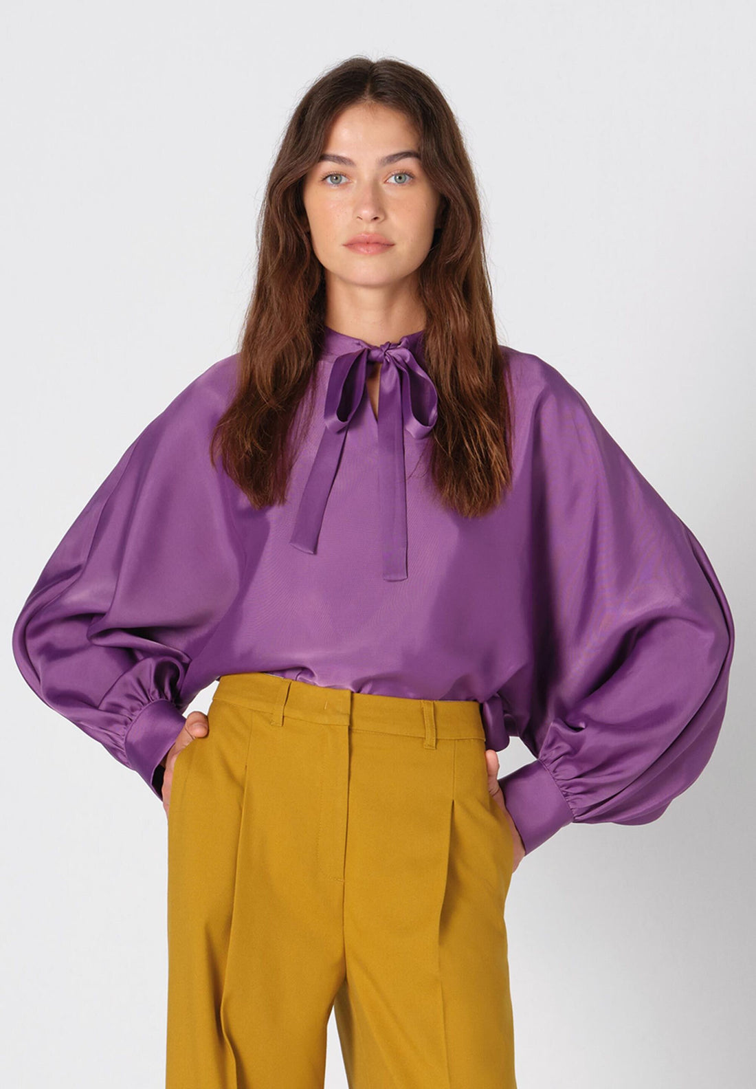 Dark Lilac Satin Blouse With Bow_31122056_0874_01