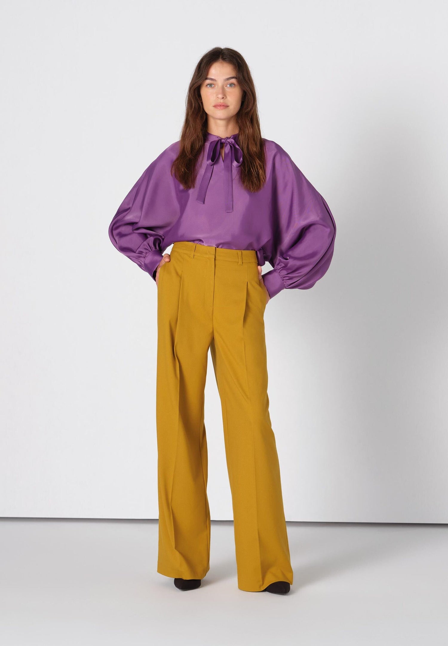 Dark Lilac Satin Blouse With Bow_31122056_0874_03