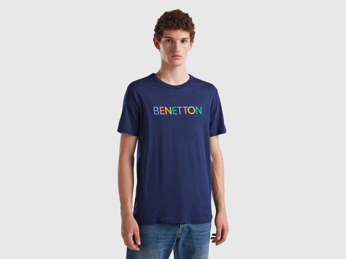Dark Blue T-Shirt In Organic Cotton With Multicolored Logo_3I1XU100A_934_01