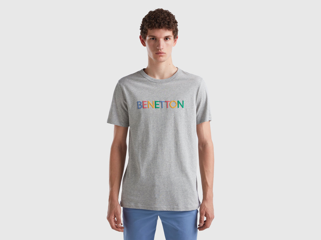 Gray T-Shirt In Organic Cotton With Multicolored Logo_3I1XU100A_938_01