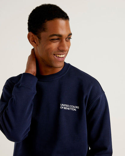 Dark Blue Crew Neck Sweatshirt With Logo Print