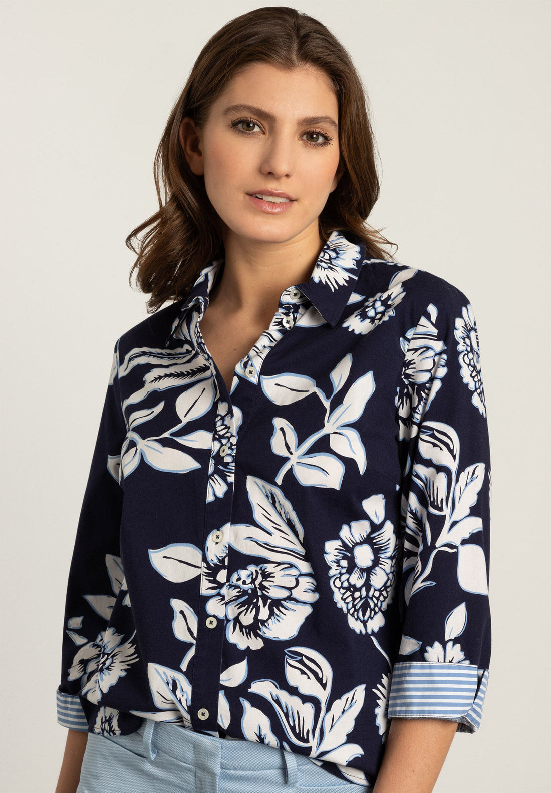 Navy &amp; White Flower Print Shirt Blouse_41022051_3379_01