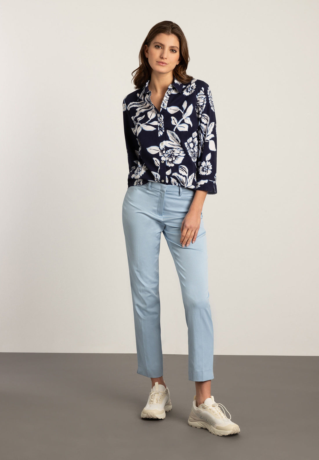 Navy &amp; White Flower Print Shirt Blouse_41022051_3379_02