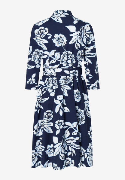 Navy &amp; White Flower Print Shirt Dress_41023052_3379_03