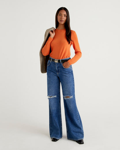 Blue Loose Fit Jeans With Tears Benetton