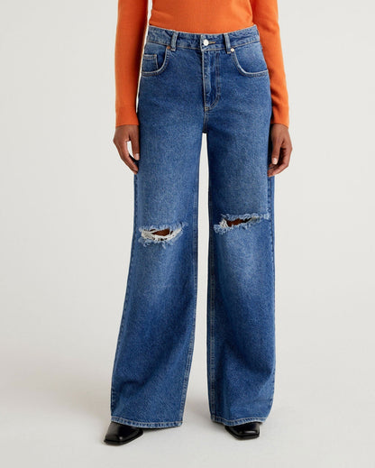 Blue Loose Fit Jeans With Tears Benetton