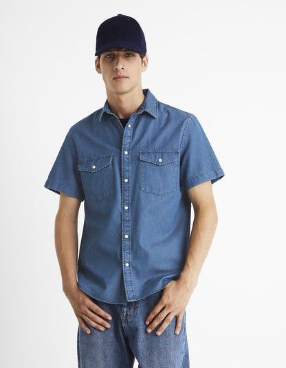 Regular Denim Shirt 100% Cotton - Navy_BADENA_BRUT_01