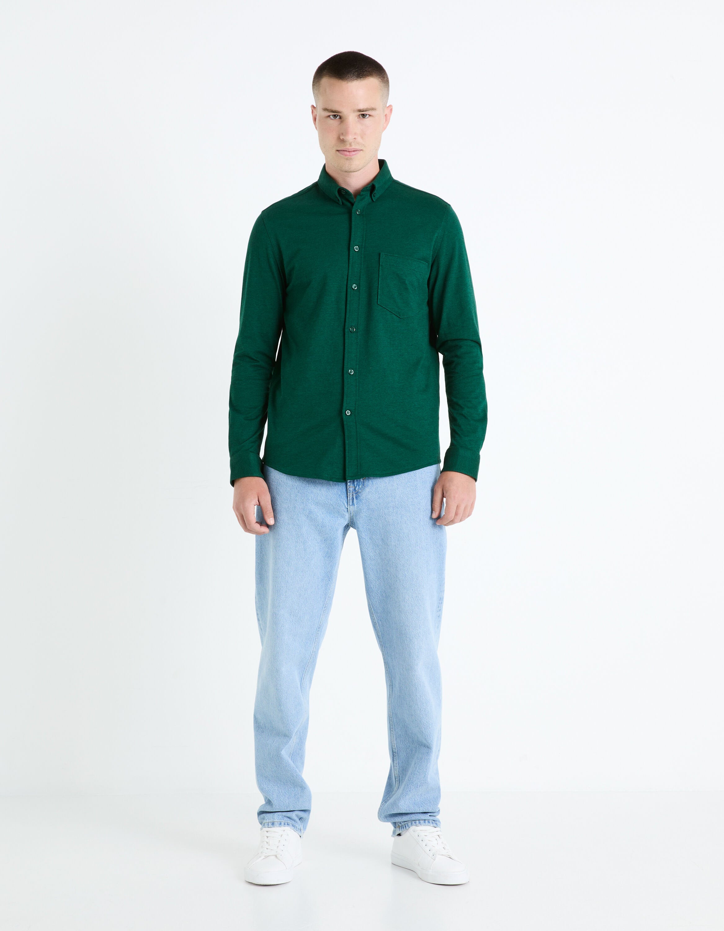 Regular 100% Cotton Pique Knit Shirt - Green_BAPIK_DARK GREEN_02