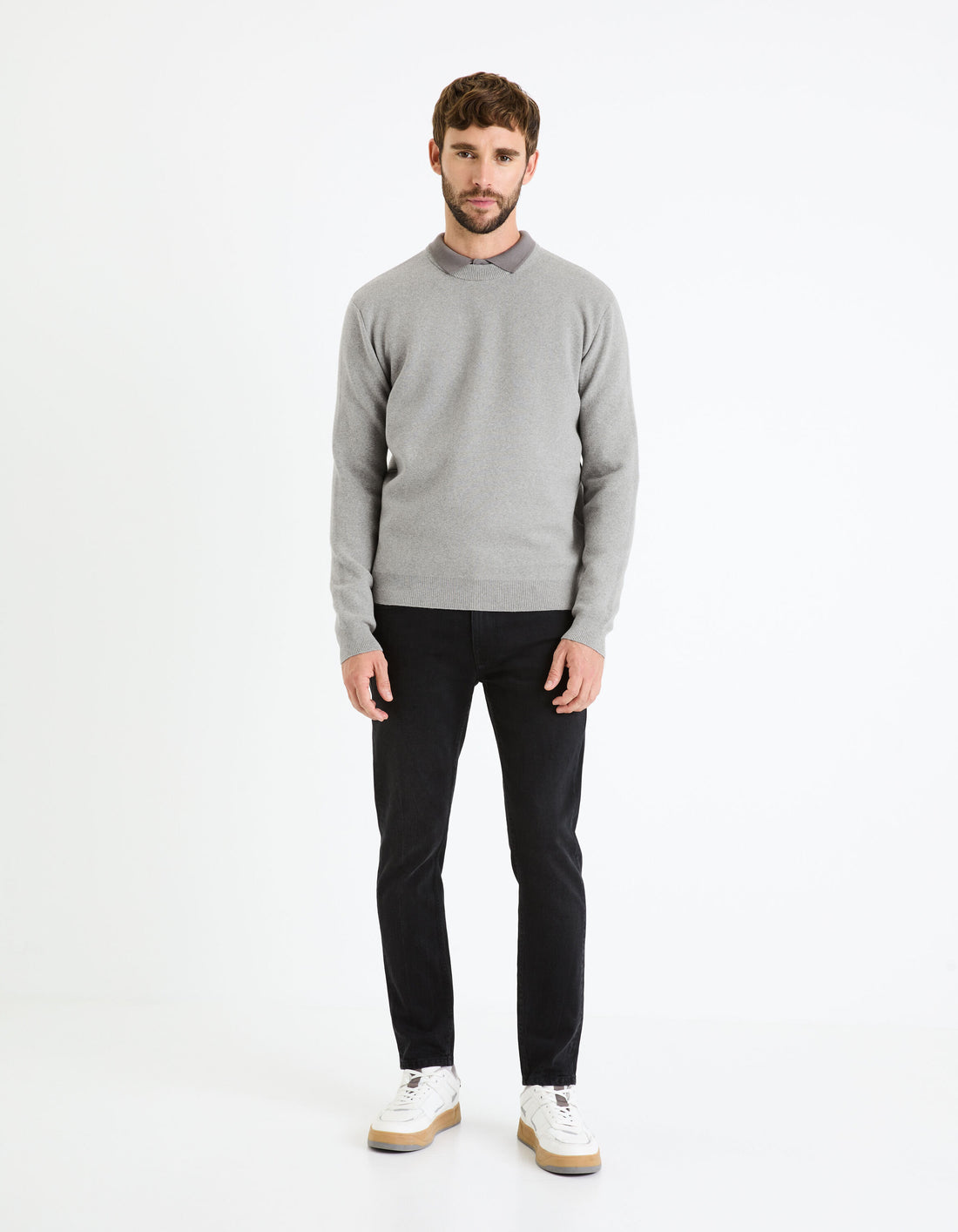 Cotton-Blend Round Neck Sweater - Beige_BECLO_GREY MEL_02
