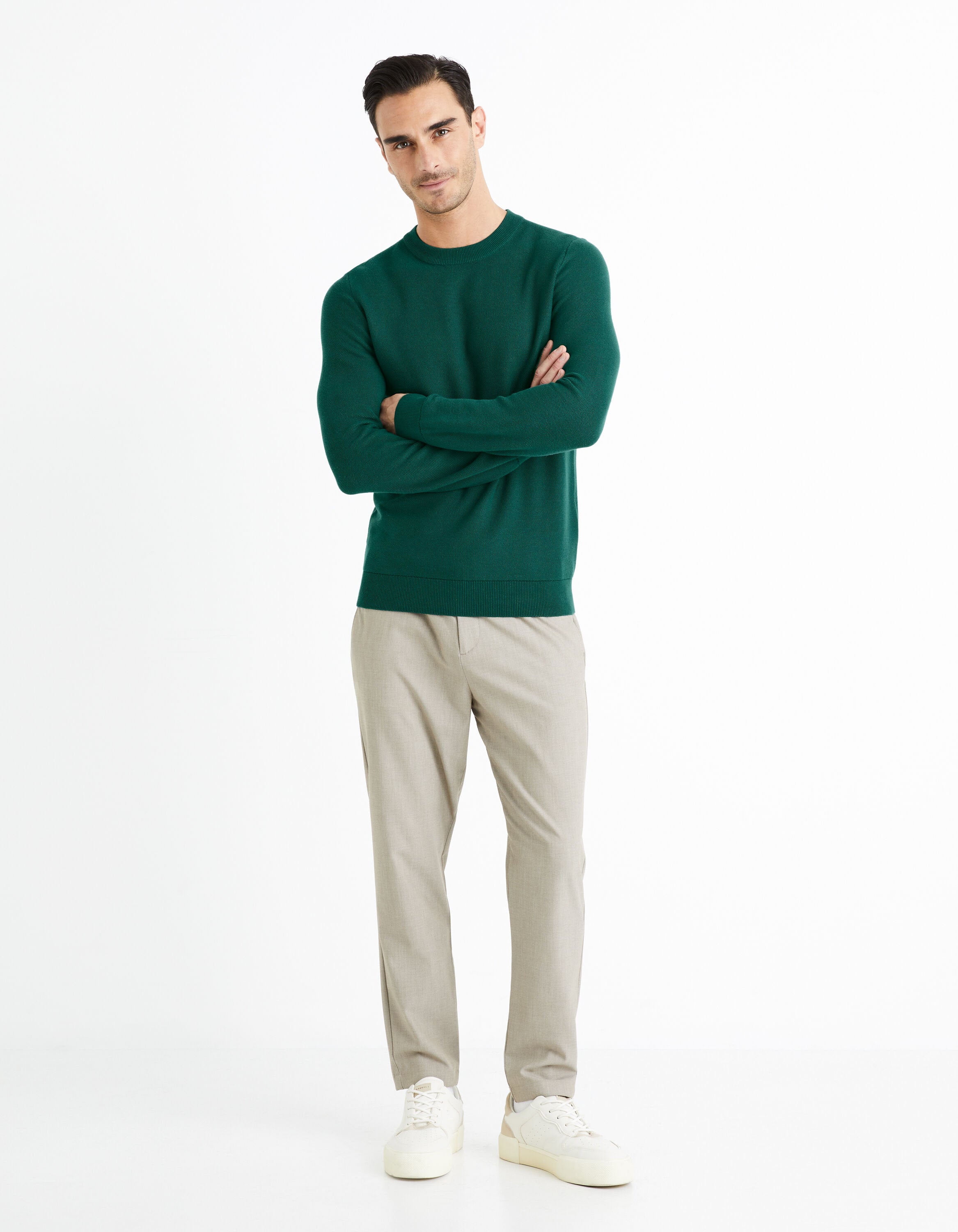100% Cotton Round Neck Sweater - Green_BEPIC_DARK GREEN_03