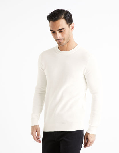 100% Cotton Round Neck Sweater - Beige_BEPIC_ECRU_01