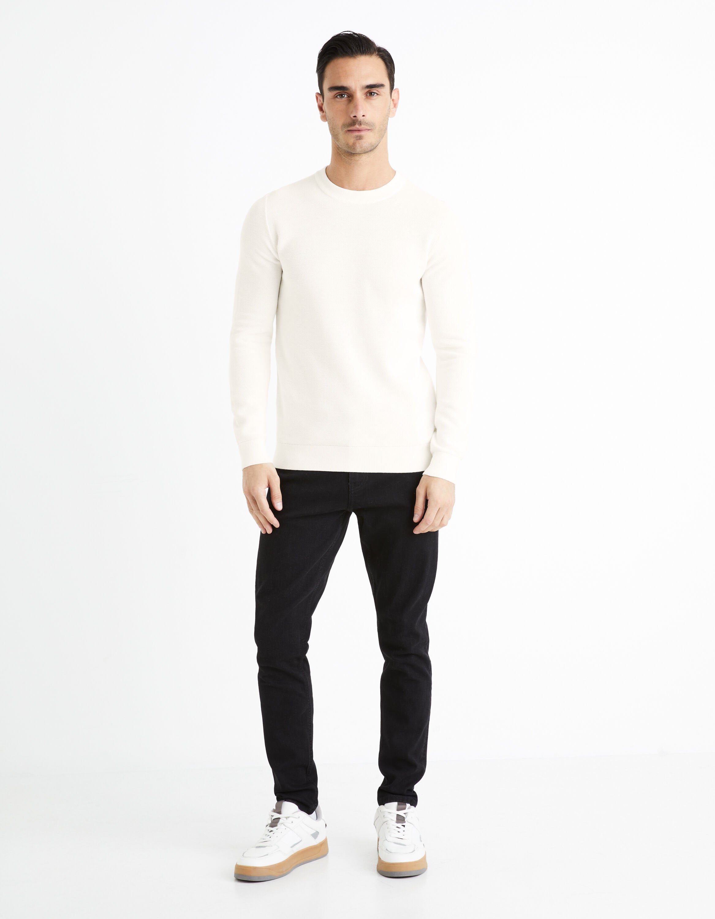 100% Cotton Round Neck Sweater - Beige_BEPIC_ECRU_03