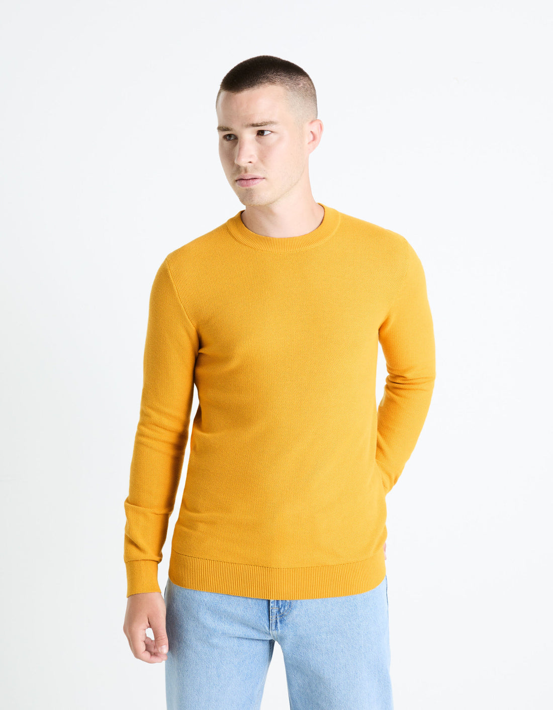 100% Cotton Round Neck Sweater - Yellow_BEPIC_JAUNE MOUTARDE_01