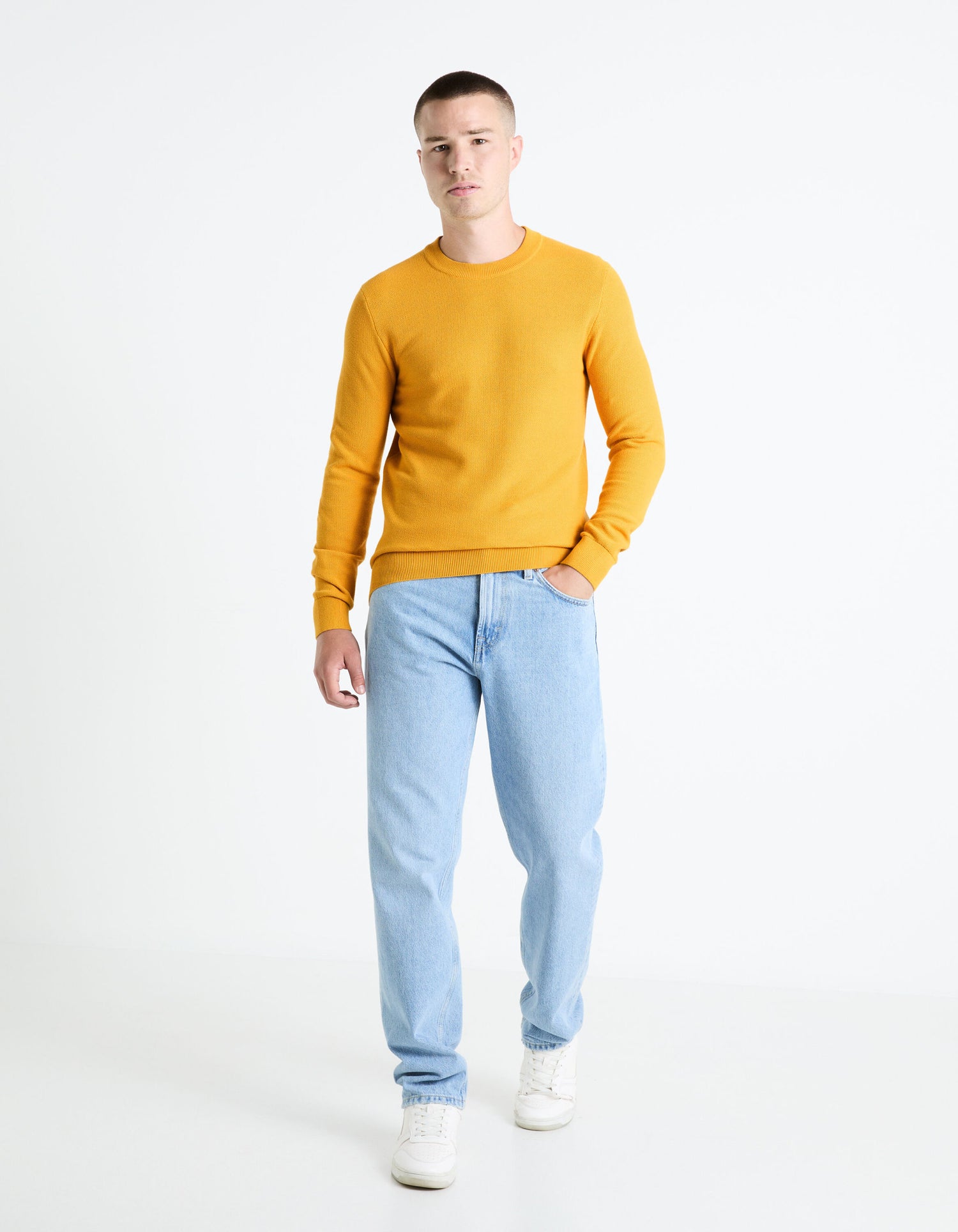100% Cotton Round Neck Sweater - Yellow_BEPIC_JAUNE MOUTARDE_03