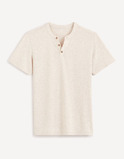 Cotton Blend Henley Collar T-Shirt -Beige_CEGETI_BEIGE MEL A_01