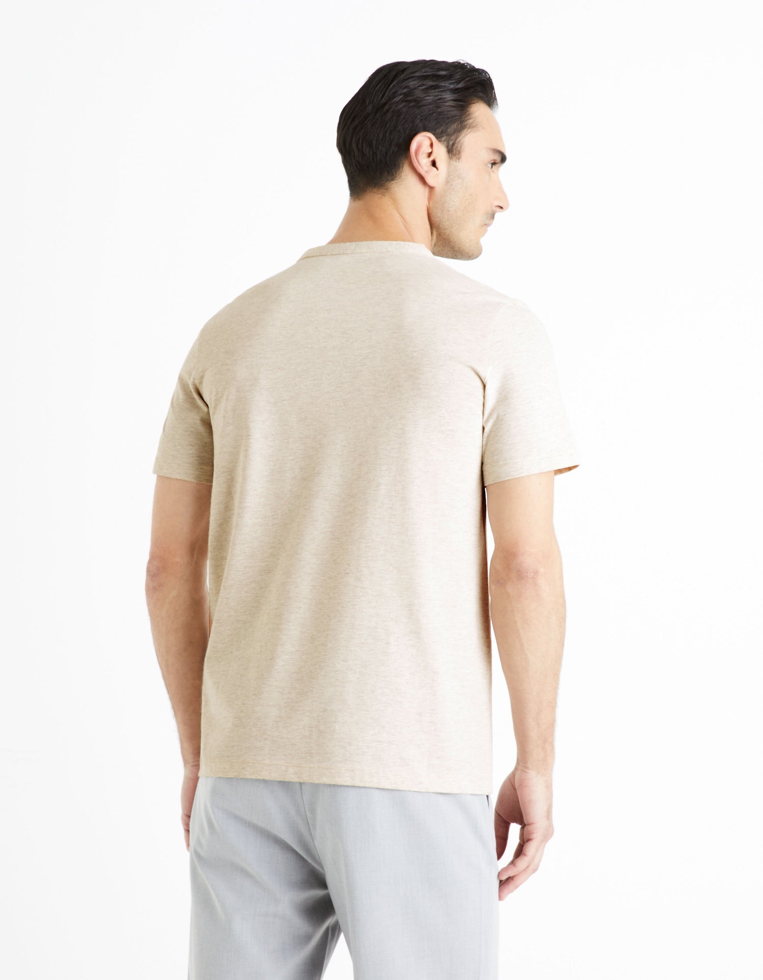 Cotton Blend Henley Collar T-Shirt -Beige_CEGETI_BEIGE MEL A_04