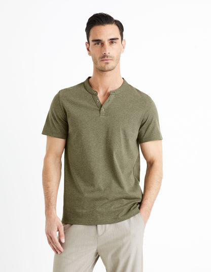 Cotton Blend Henley Collar T-Shirt - Green_CEGETI_GREEN MEL_01