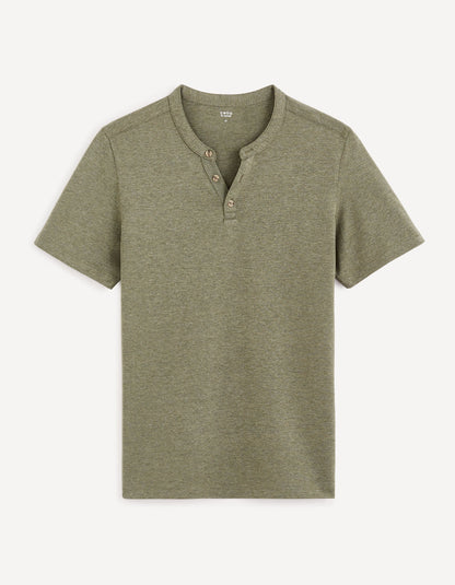 Cotton Blend Henley Collar T-Shirt - Green_CEGETI_GREEN MEL_02