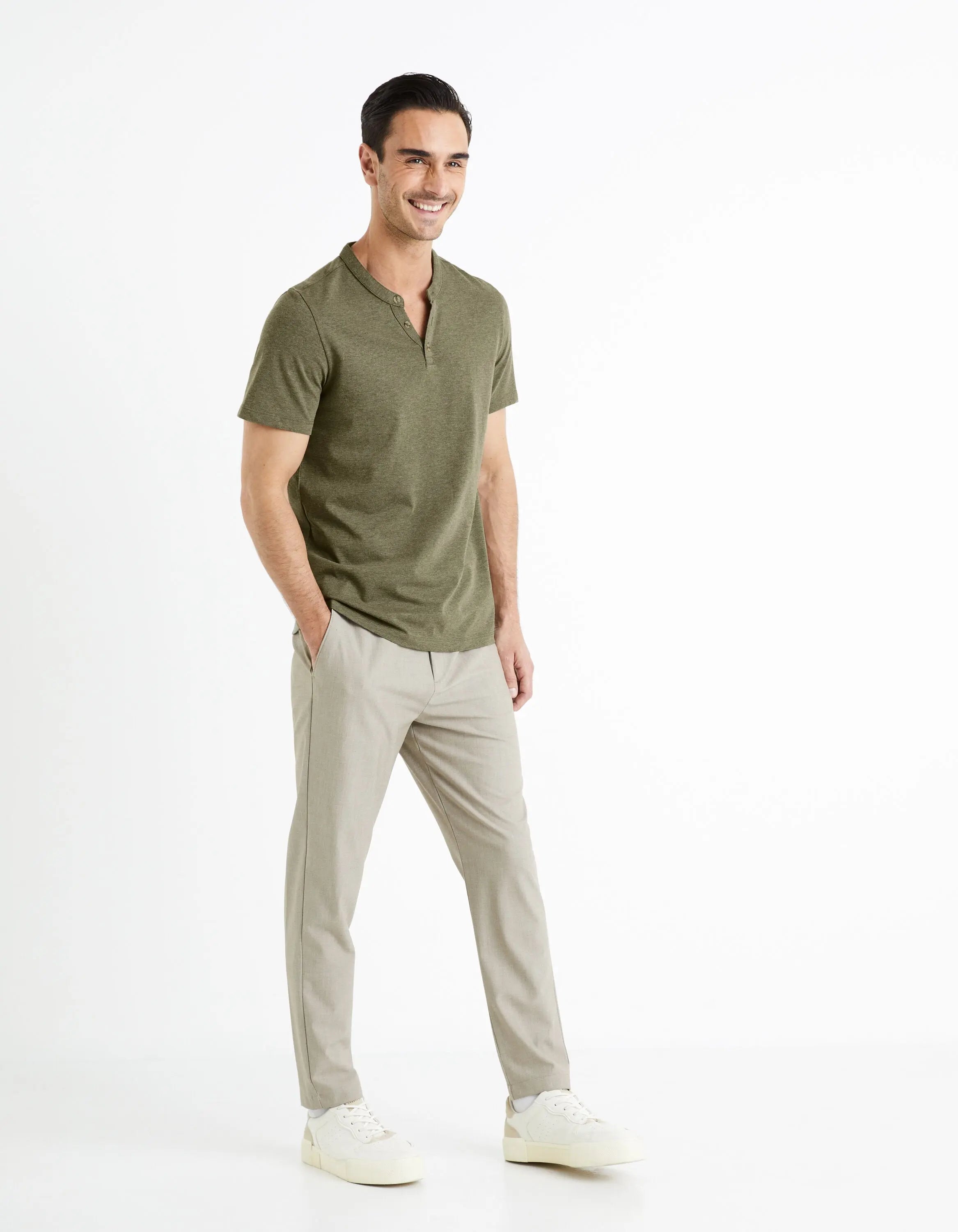 Cotton Blend Henley Collar T-Shirt - Green_CEGETI_GREEN MEL_03
