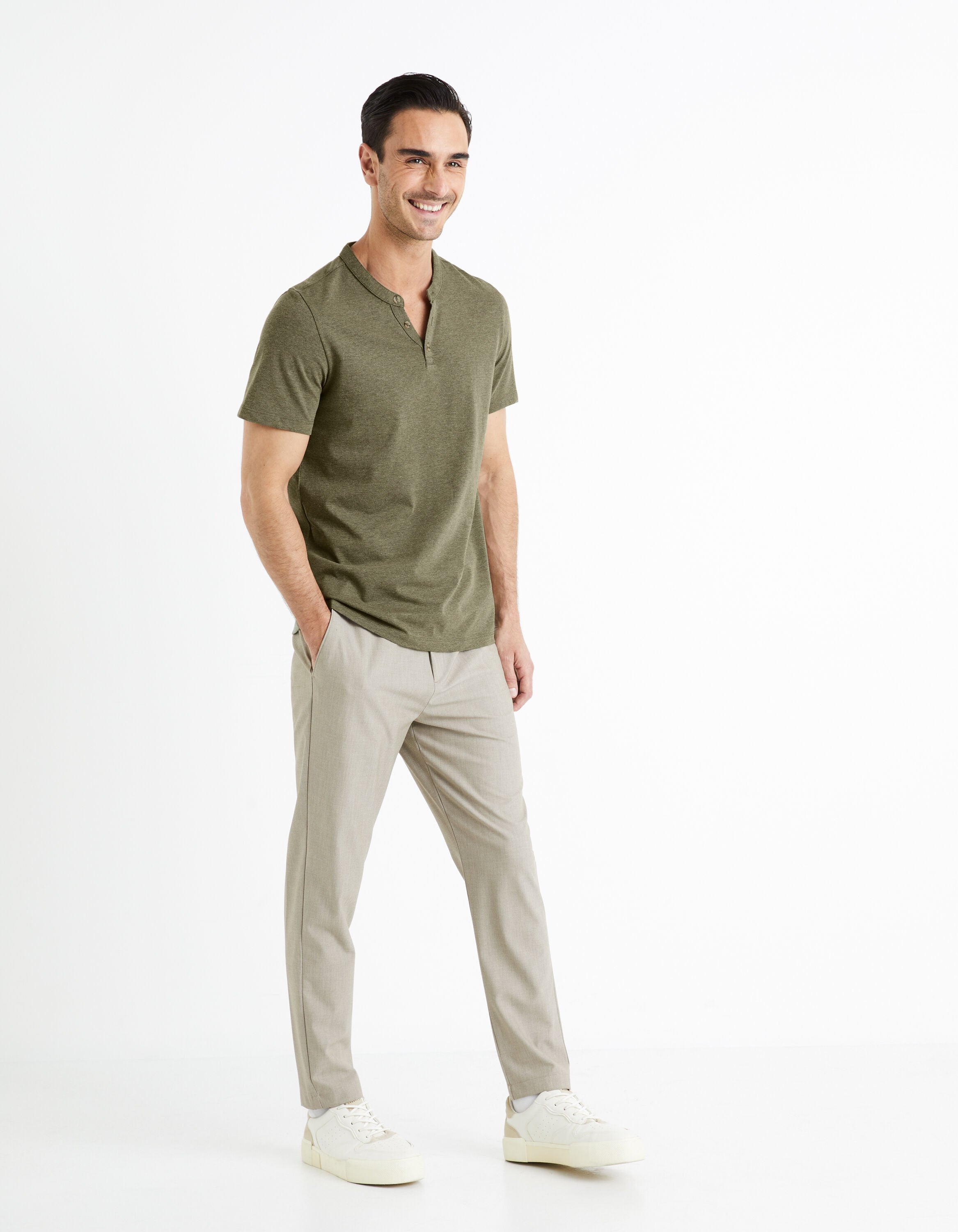 Cotton Blend Henley Collar T-Shirt - Green_CEGETI_GREEN MEL_03