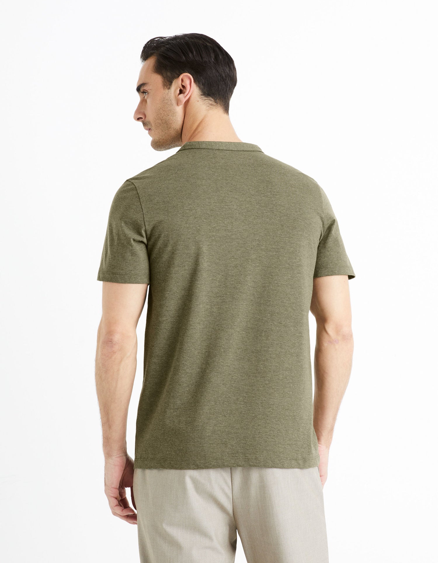 Cotton Blend Henley Collar T-Shirt - Green_CEGETI_GREEN MEL_04