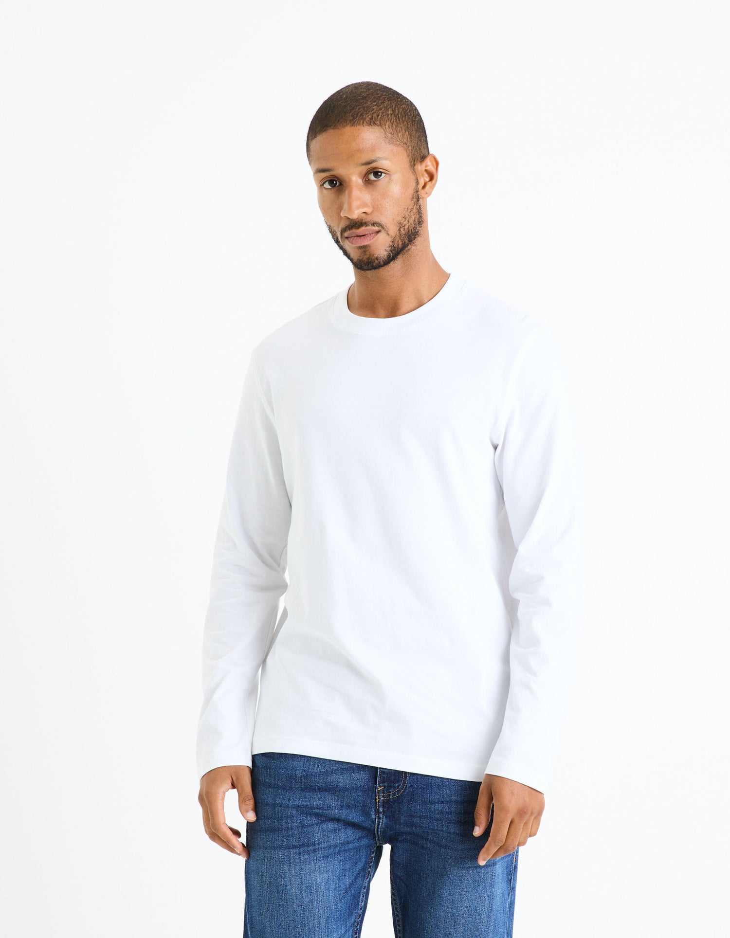 100% Cotton Round Neck T-Shirt - Navy_CESOLACEML_OPTICAL WHITE_03