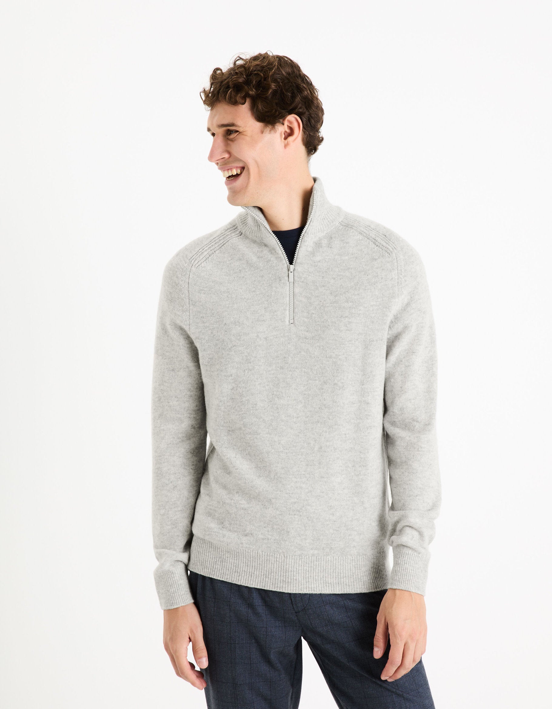 Lambswool Zip-Neck Sweater - Mottle Grey_CEWOOLCAM_LIGHT GREY MEL_02