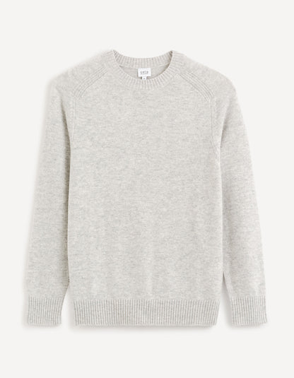 Round Neck Sweater 100% Lambswool - Mottled Grey_CEWOOL_LIGHT GREY MEL_01