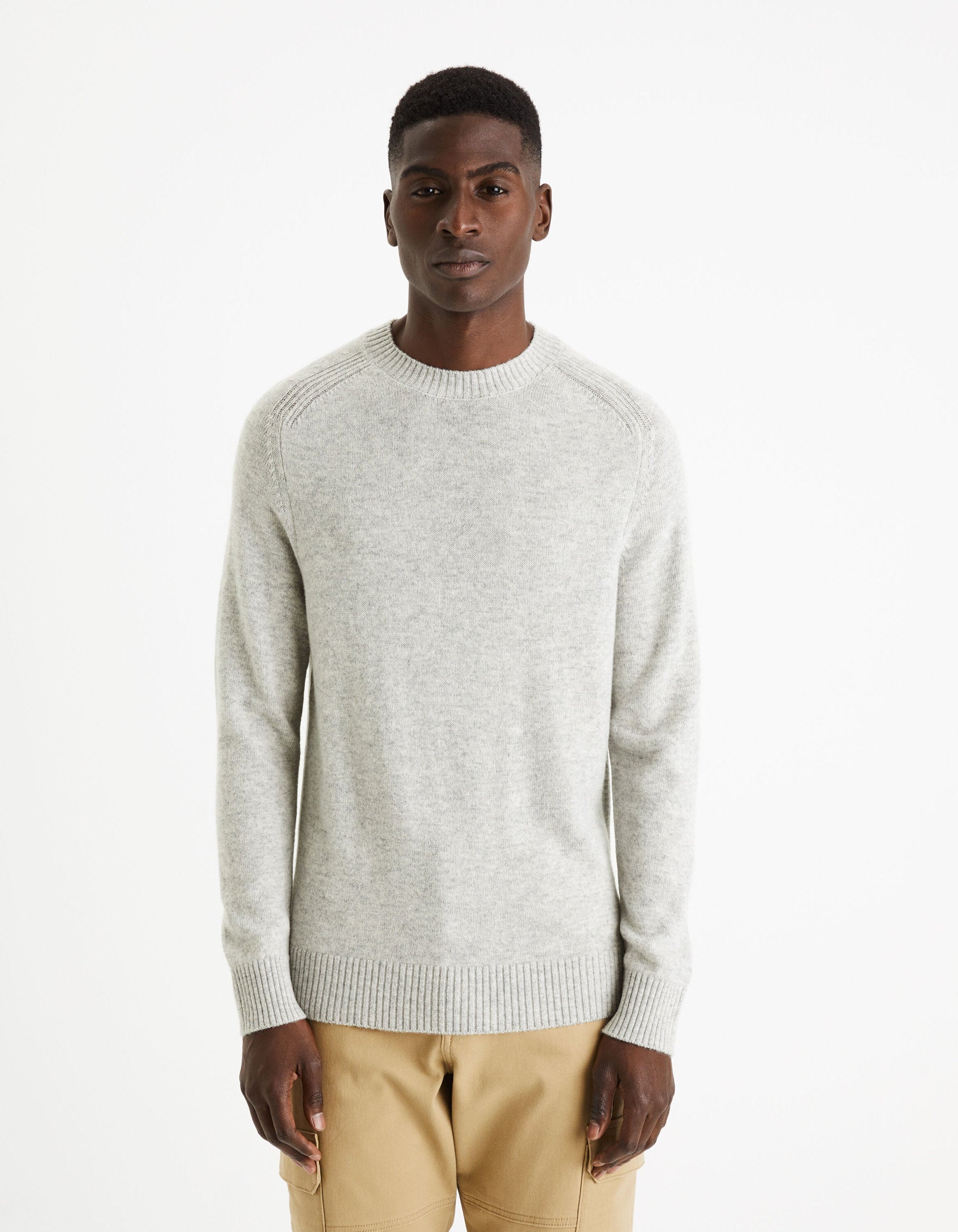 Round Neck Sweater 100% Lambswool - Mottled Grey_CEWOOL_LIGHT GREY MEL_03