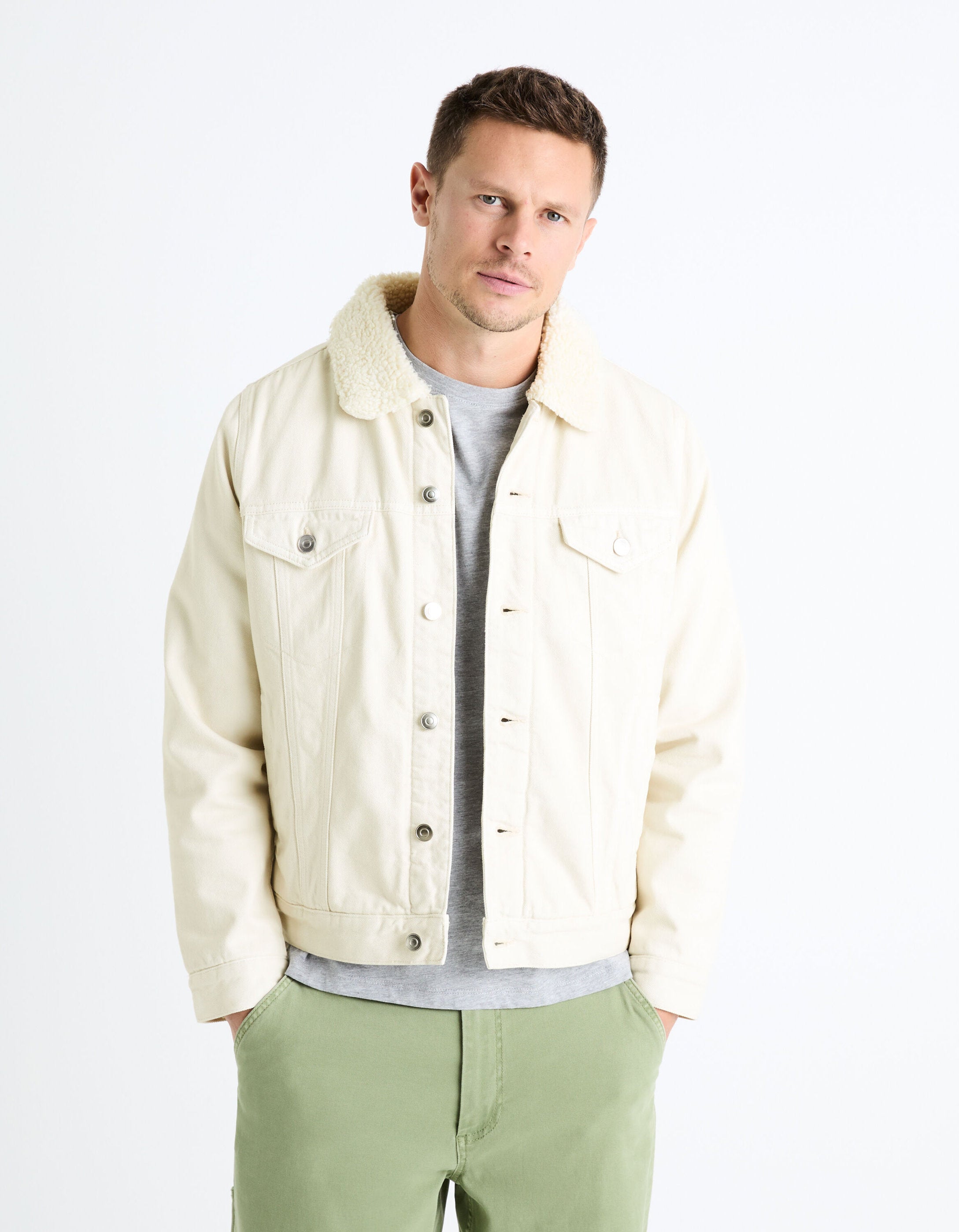 Sherpa Lined Denim Jacket - Ecru_CUDENSHERP_ECRU_03