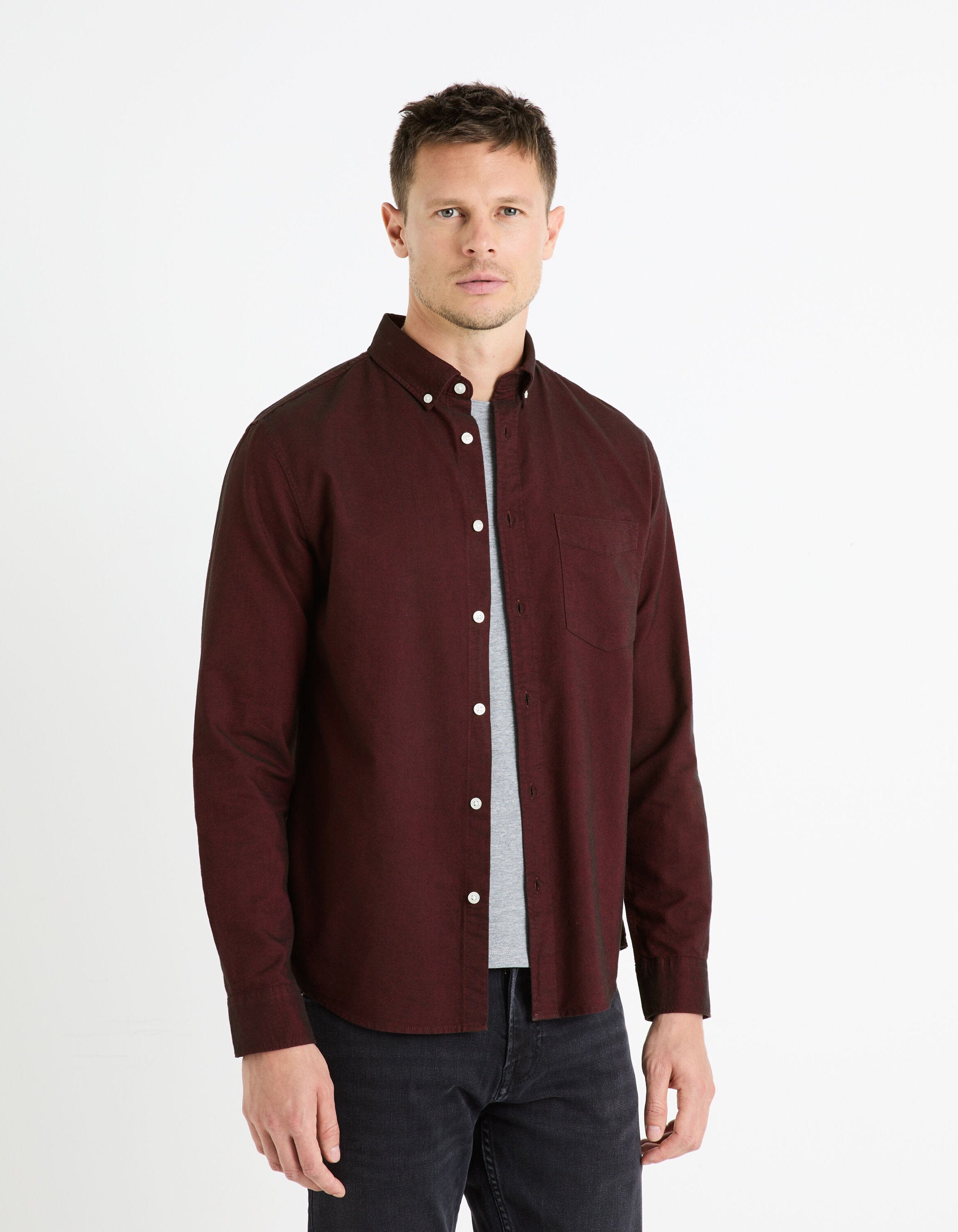 Regular Shirt 100% Oxford Cotton - Burgundy_DAXFORD_BORDEAUX_01