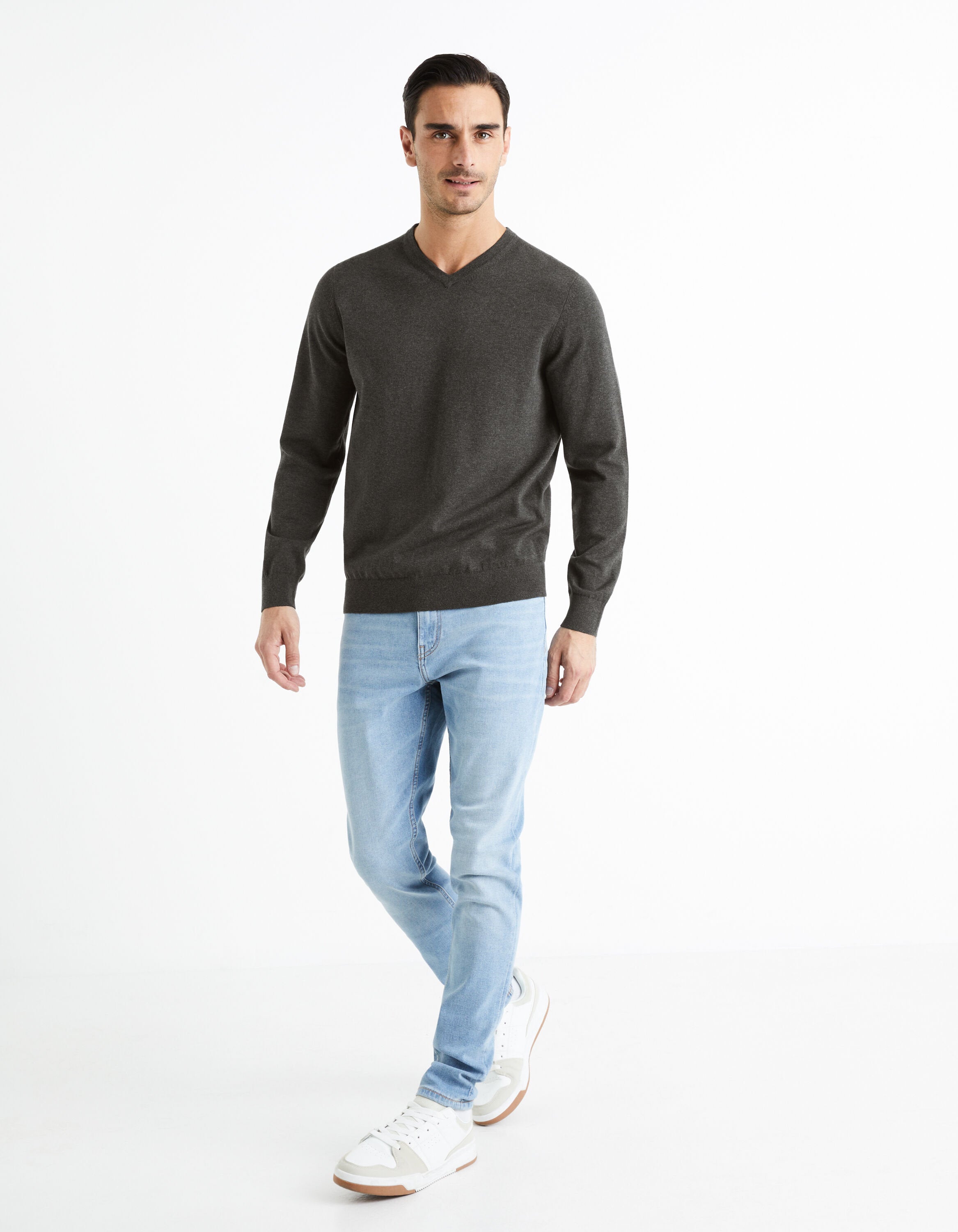 V-Neck Sweater 100% Cotton - Anthracite_DECOTONV_ANTHRA MEL_03