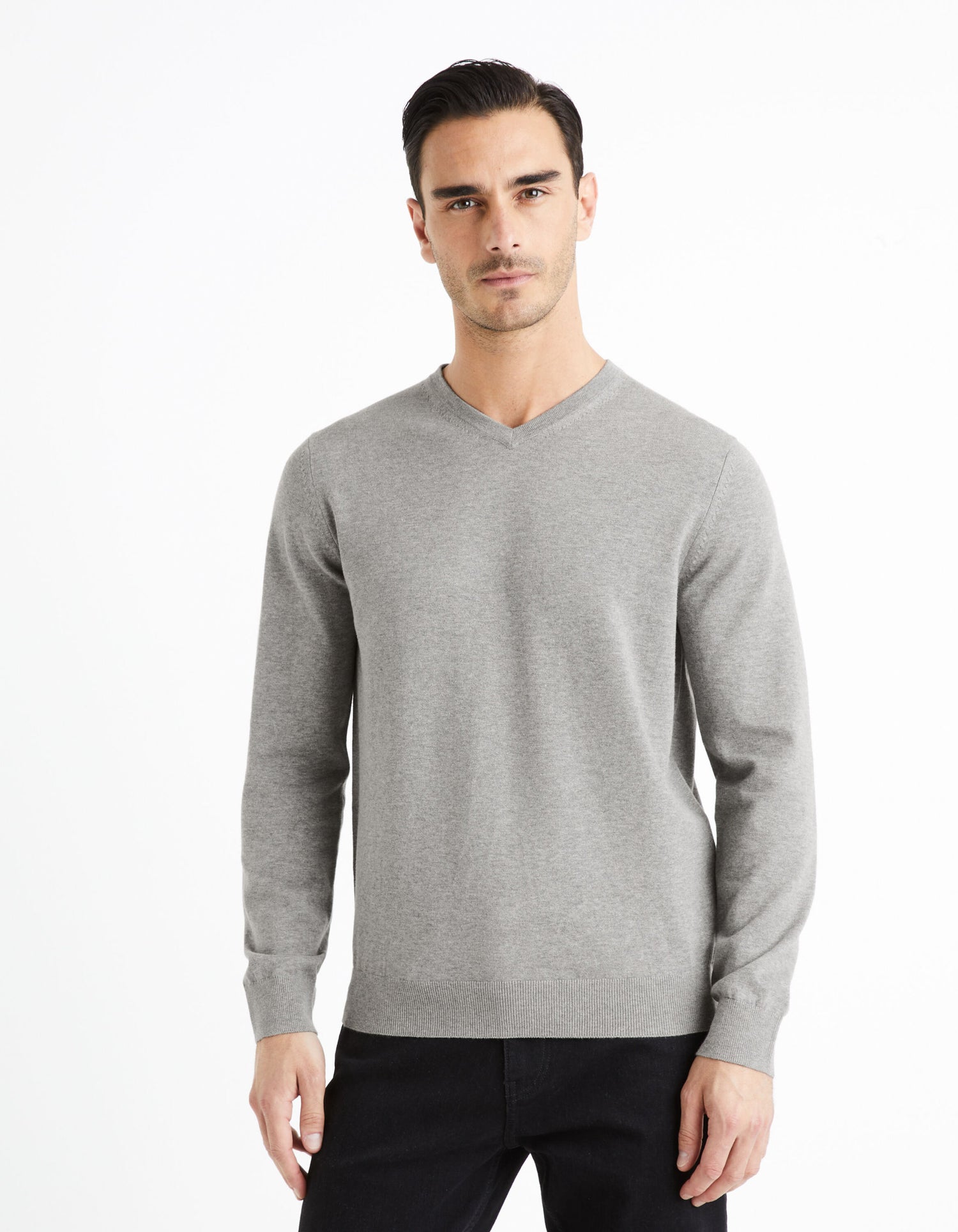 V-Neck Sweater 100% Cotton - Heather Grey_DECOTONV_GREY MEL_01