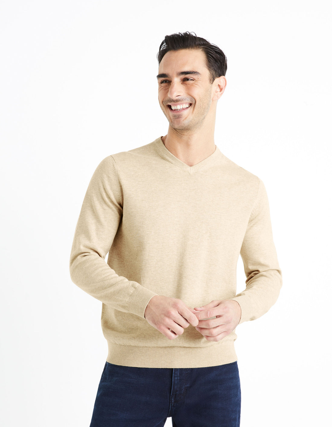 100% Cotton V-Neck Sweater - Beige_DECOTON_BEIGE MEL_01
